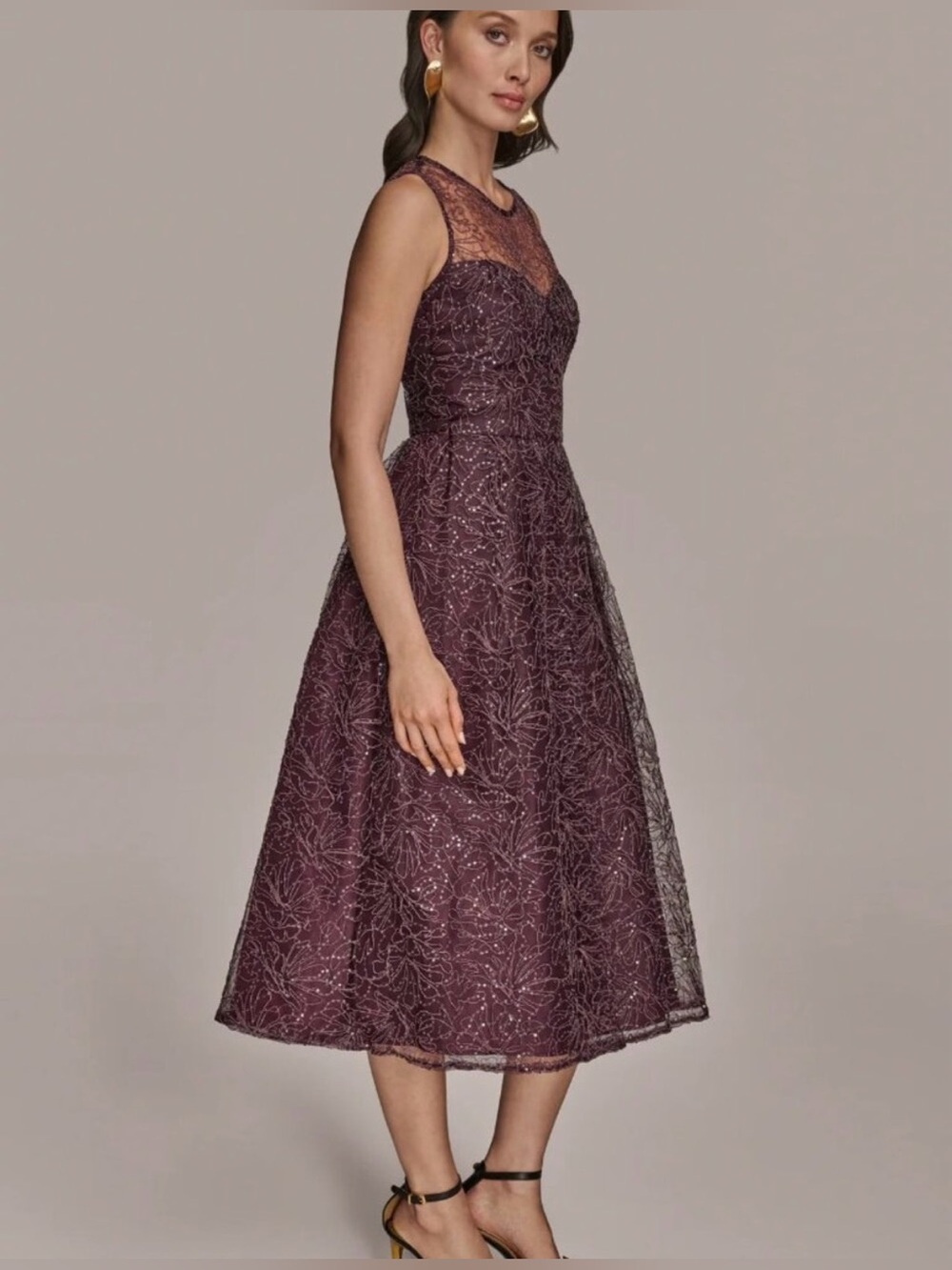 Donna Karan Floral Sequin
Tulle Midi Illusion Gown in
Prune.